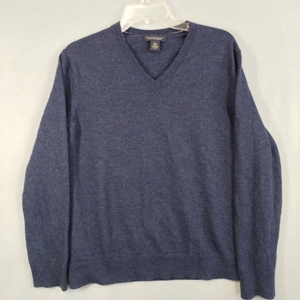 Banana Republic Extra Fine Merino Wool XL Sweater Men's V Neck Preppy‎ Navy Blue